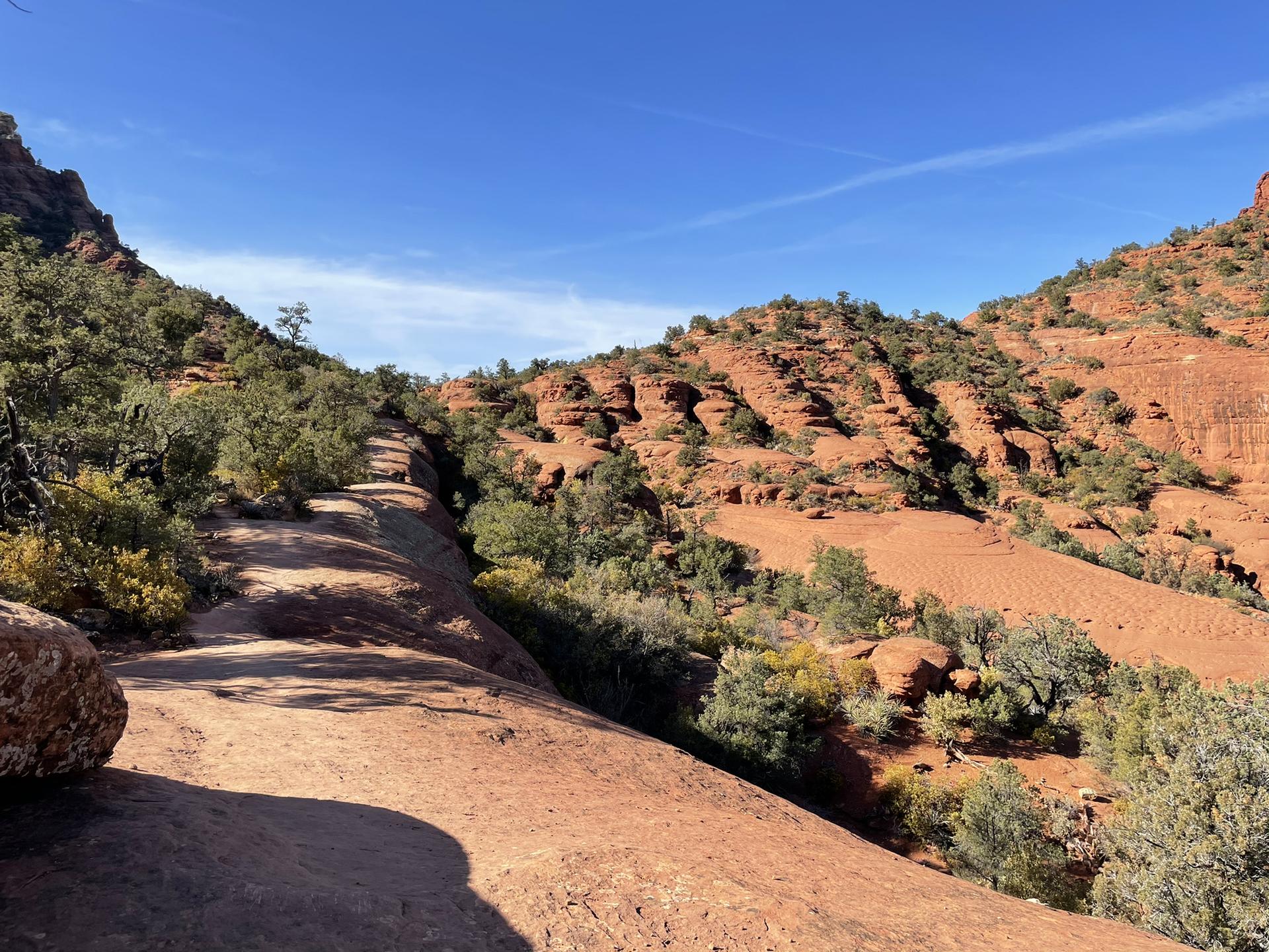 Winding red dirt path through arid hills with sparse green shrubs under blue sky.