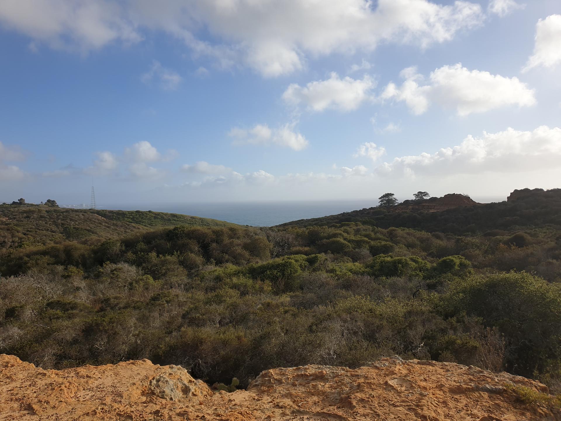 Overlook of rolling hills covered in green and brown brush, with the ocean.