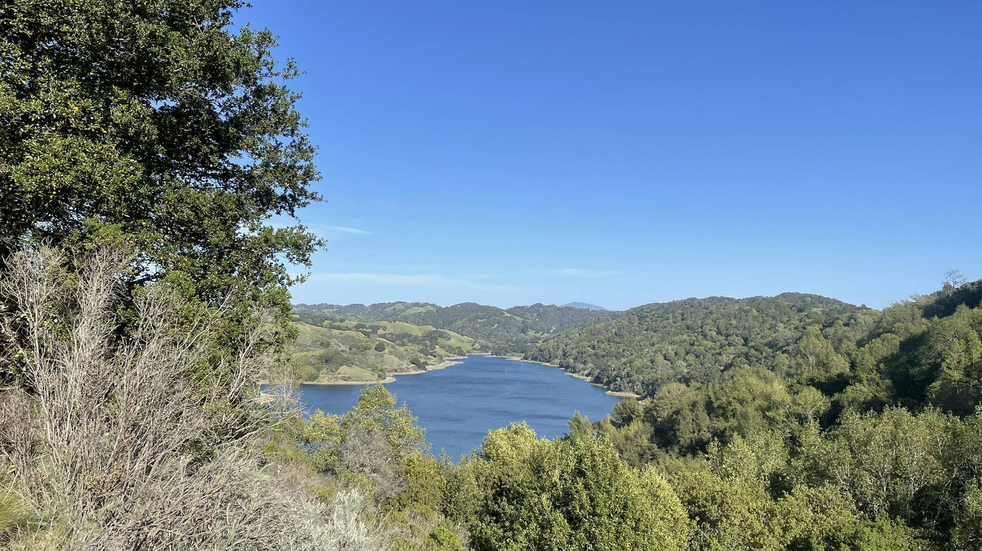 Panoramic view of a serene lake surrounded by green hills under a clear blue sky.