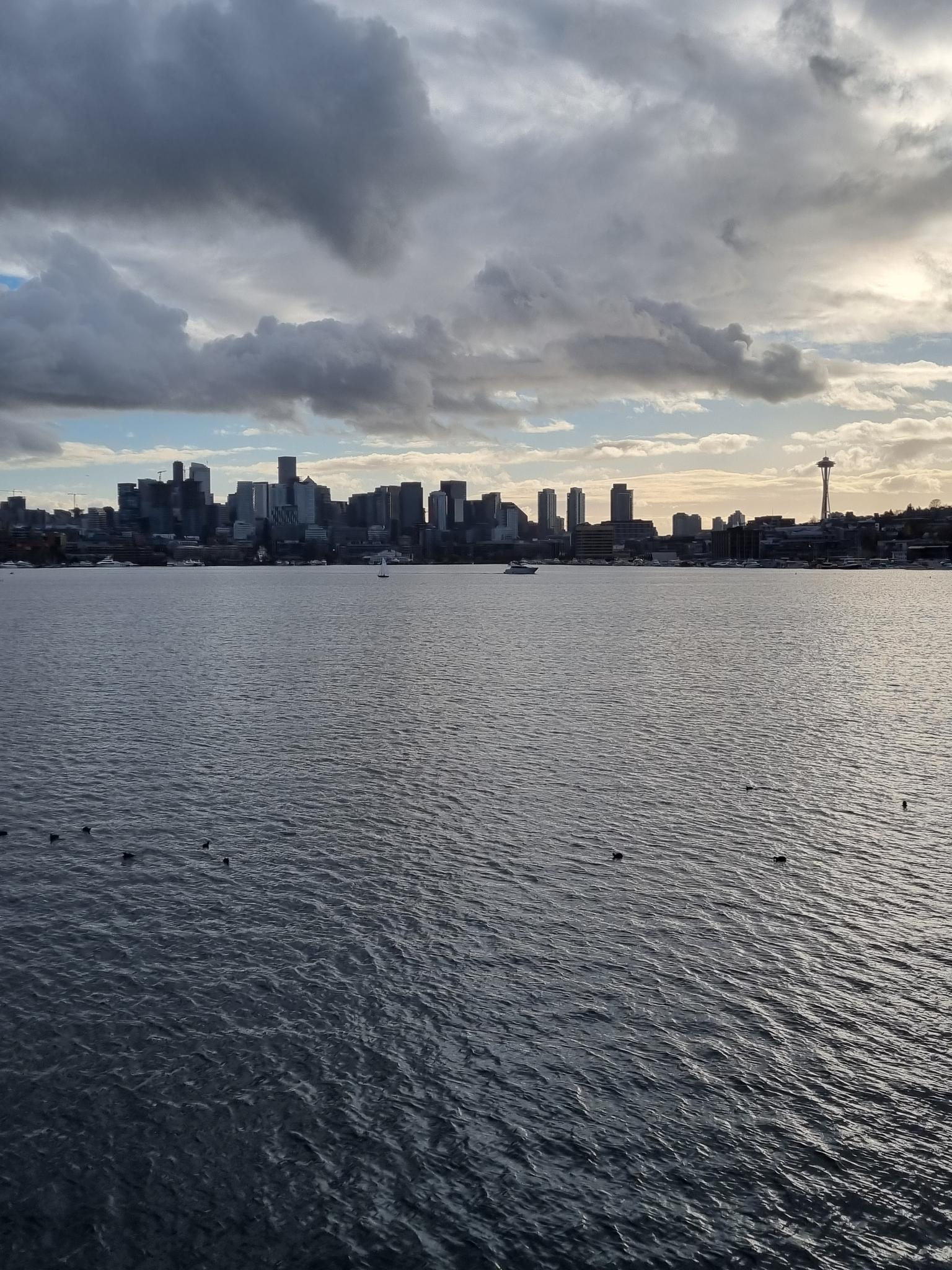 A city skyline across a wide body of water under a dramatic cloudy sky.