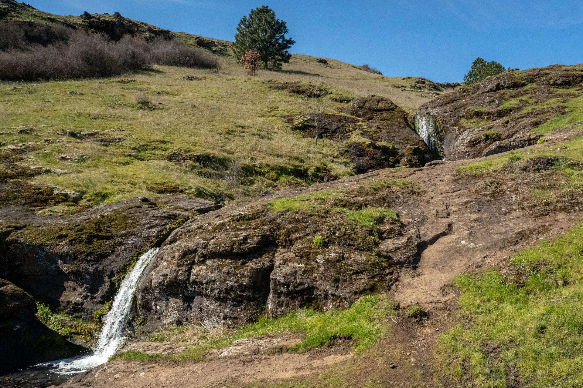 Two small waterfalls flow over mossy rocks on a sunlit, grassy hillside.