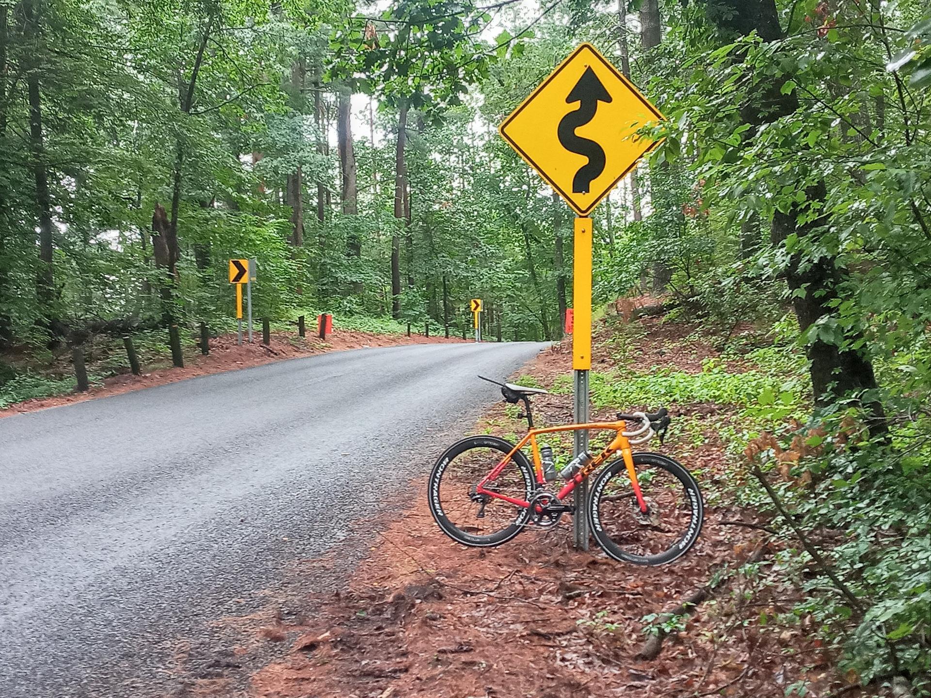 Yellow bicycle parked next to a winding road sign in a forest.