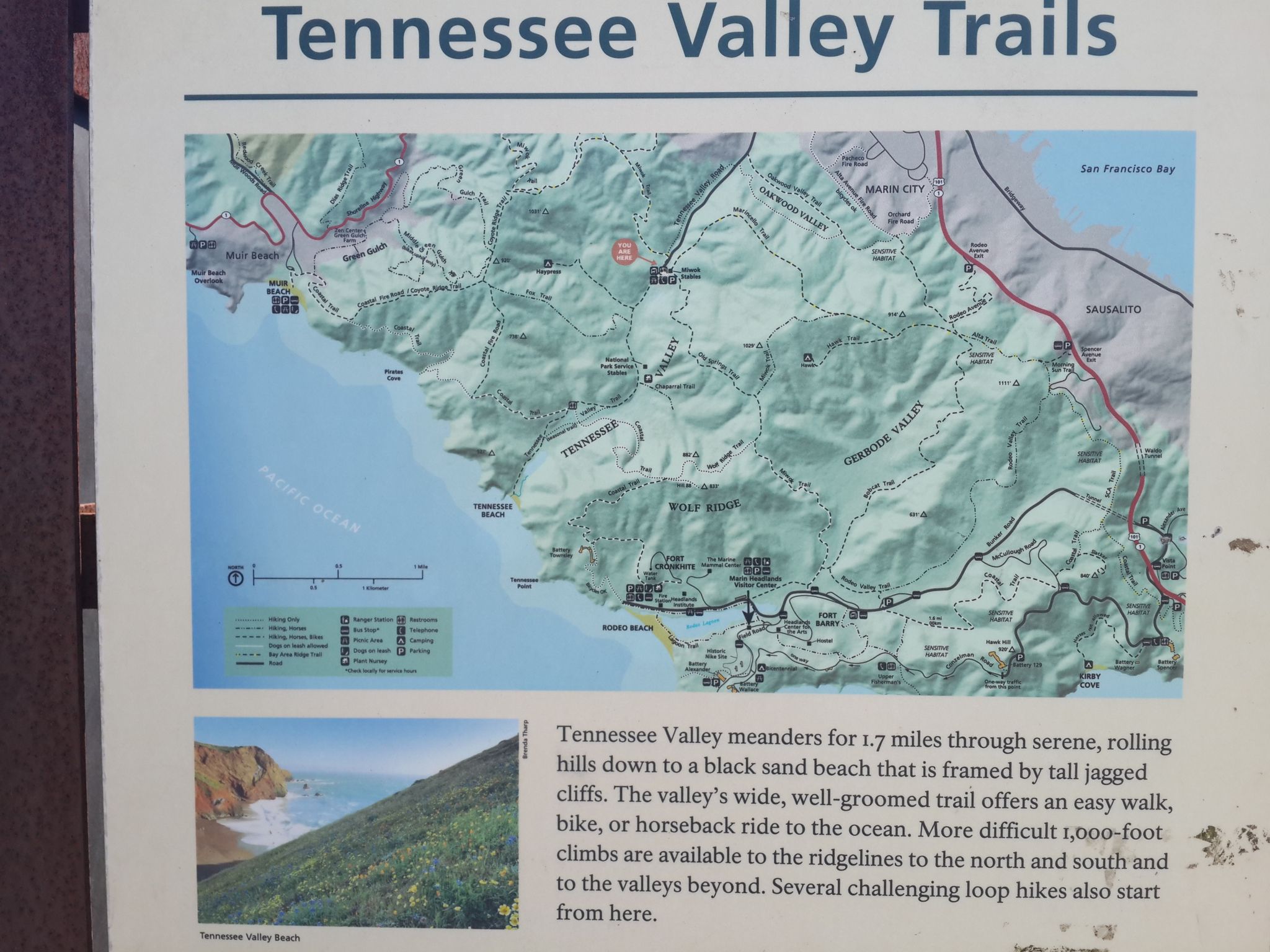 Informational sign displaying a trail map and descriptive text. - Tennessee Valley Trailhead – Rodeo Valley Trail loop from Sausalito