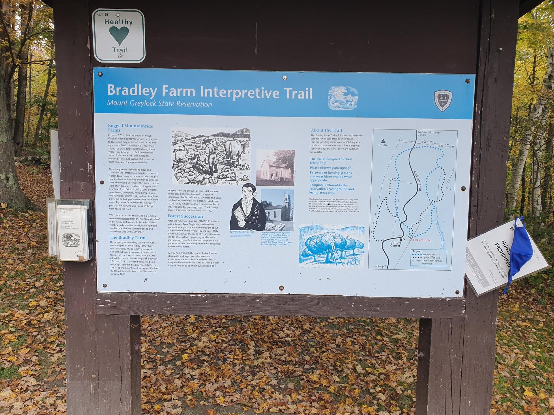 Wooden sign with trail information, map, and images, surrounded by autumn leaves.