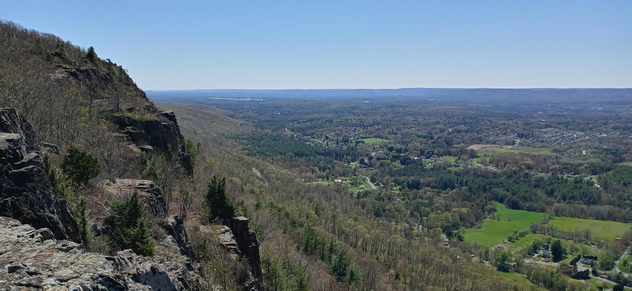 Steep rocky cliff overlooks a vast forested valley on a clear day.