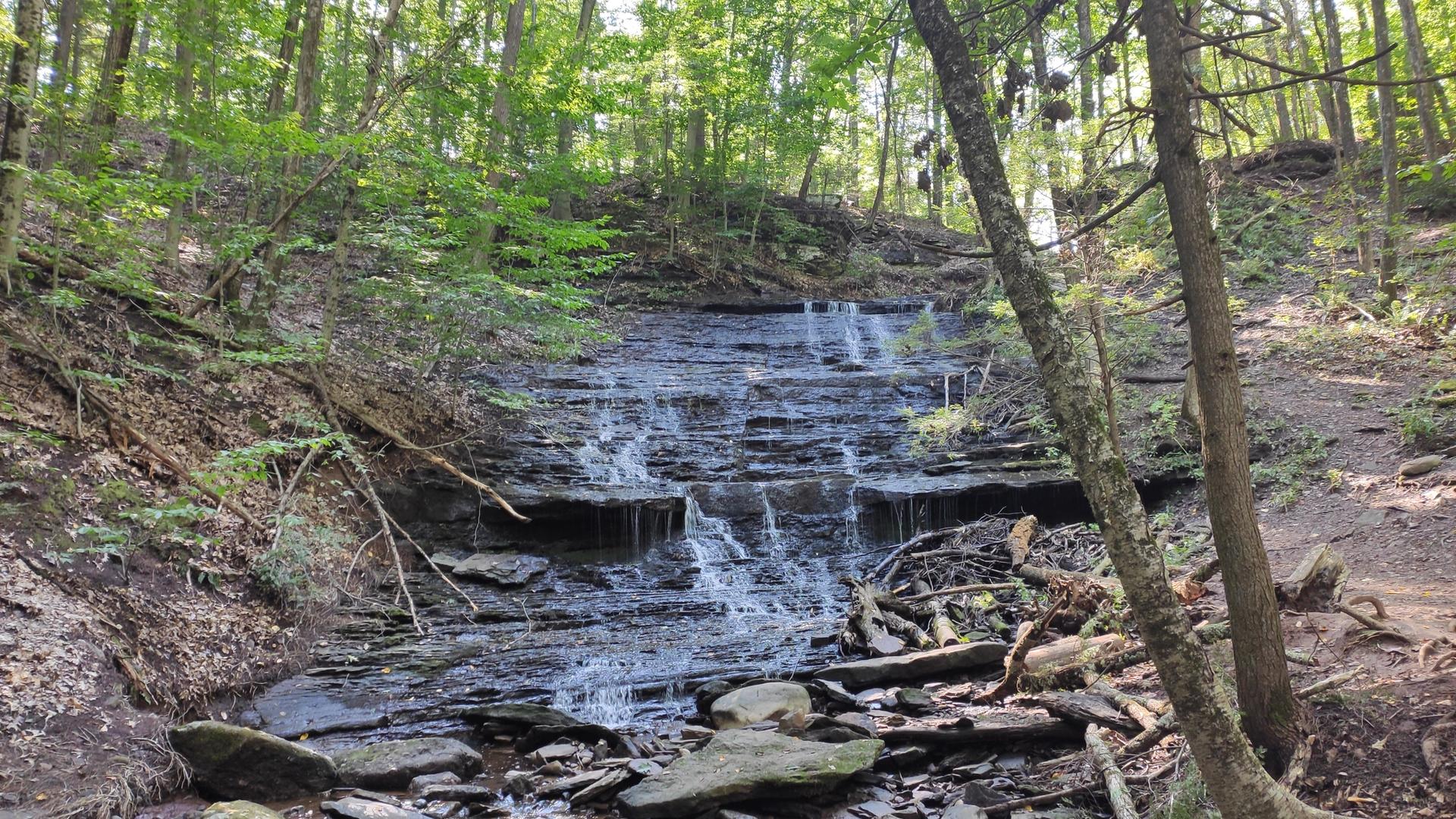 Waterfall cascading over dark rock ledges in a lush green forest.