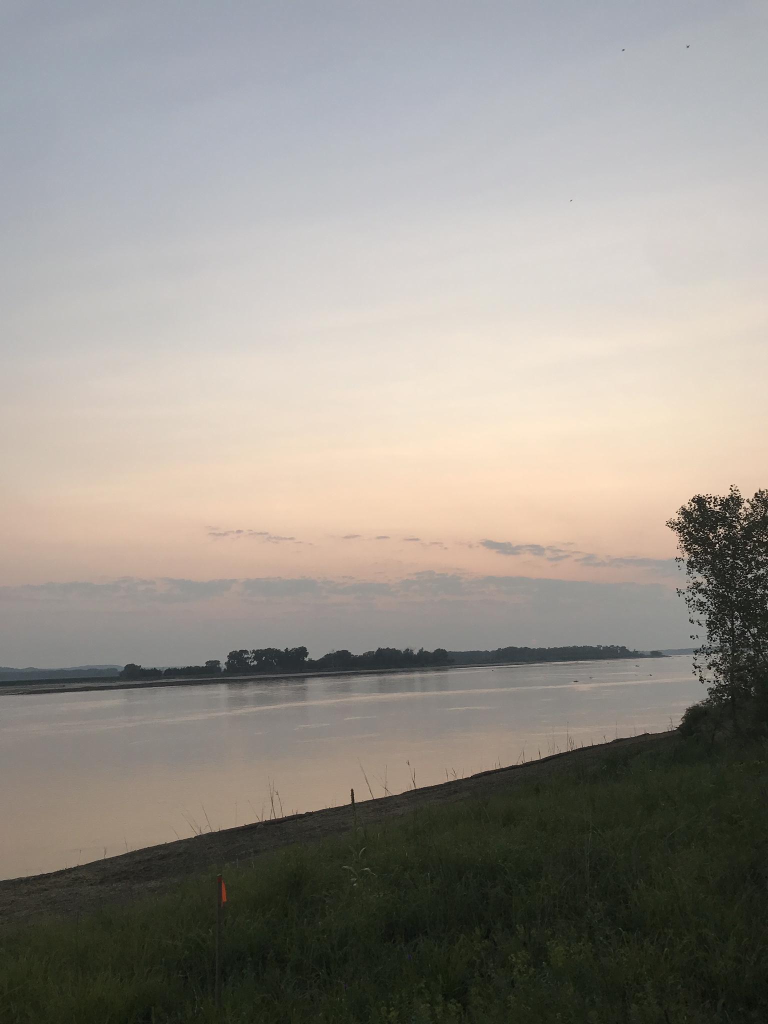 Calm river at dawn, with a grassy bank and distant tree-lined shore.