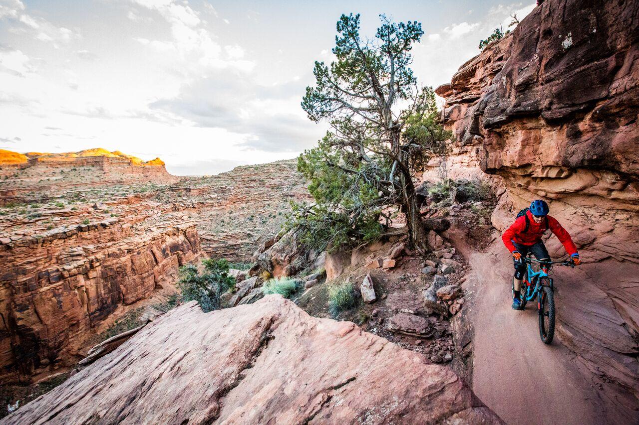 Mountain biker on a narrow cliffside trail at sunset, with a large canyon.