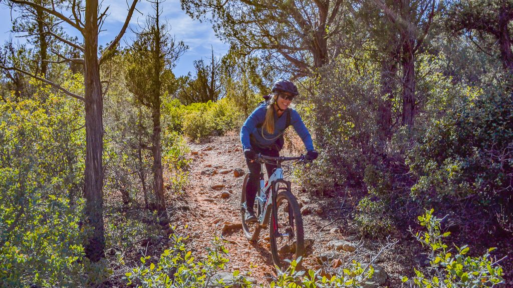 Woman mountain biking on a sunny, wooded dirt trail. - Girdner and Outer Limits Loop