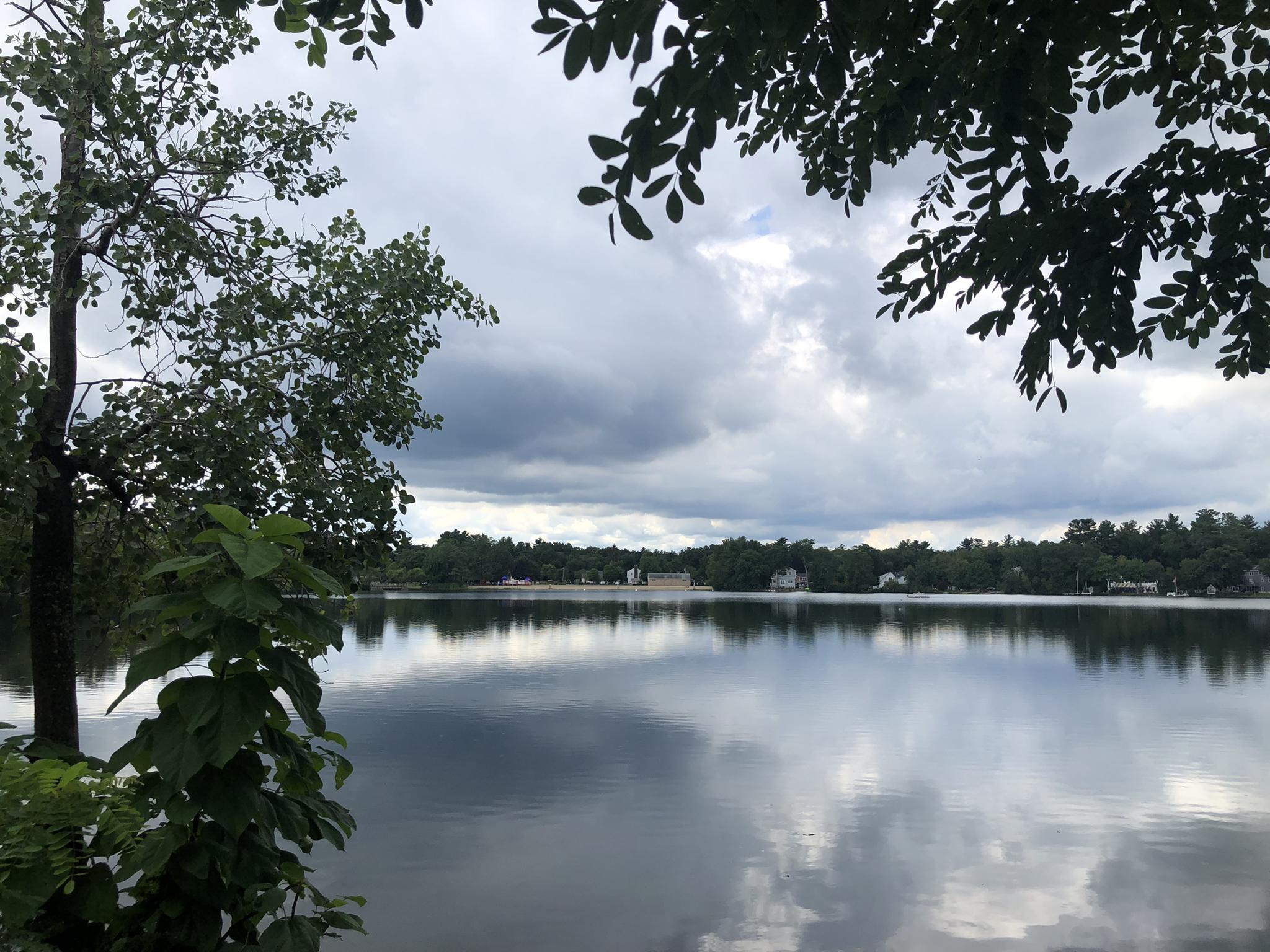 A serene lake reflects an overcast sky, framed by green trees.