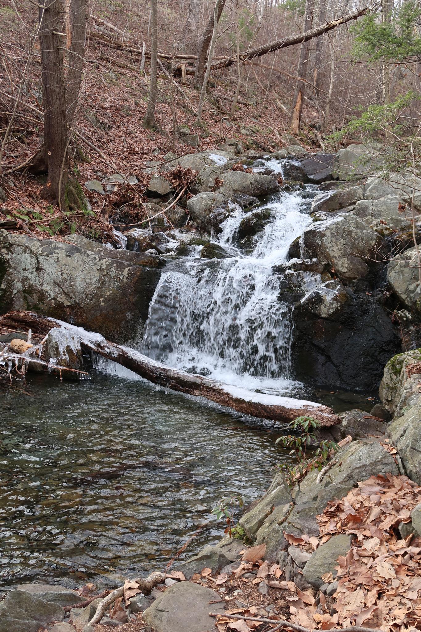 A small waterfall cascades over rocks in a winter forest stream.