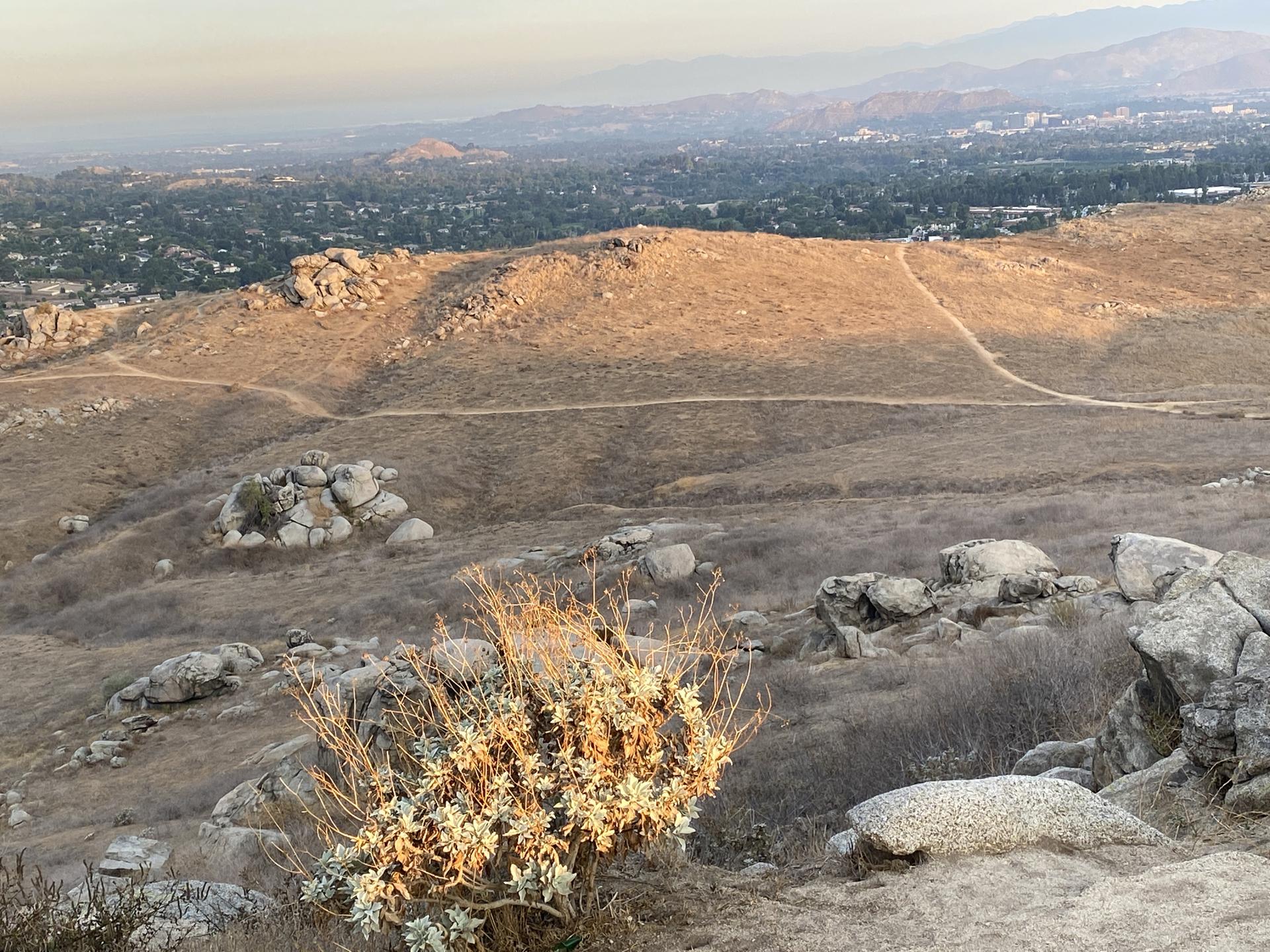 Arid, rocky hills with a distant city under soft, warm light.