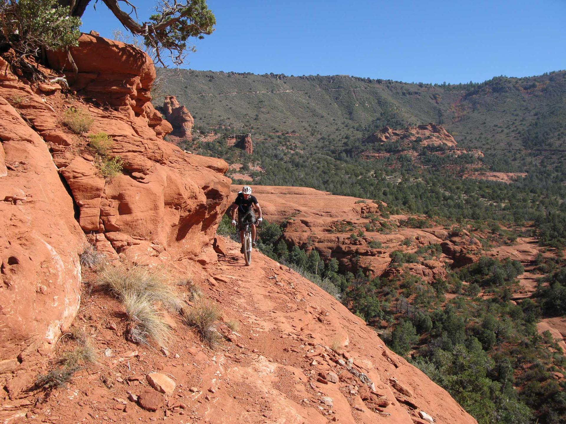 Mountain biker on a red rock ledge overlooking a green valley under clear sky.