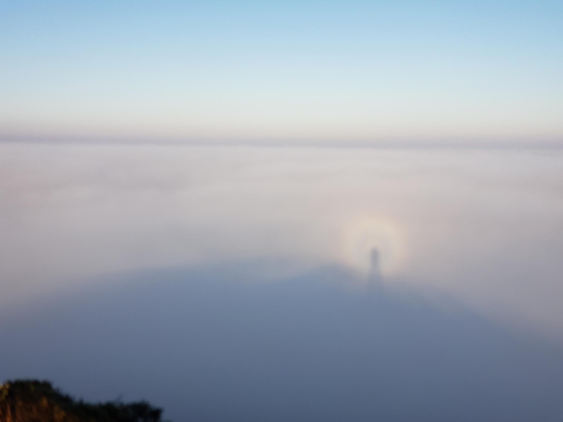 Person's shadow and halo visible in dense fog, with a clear sky above.