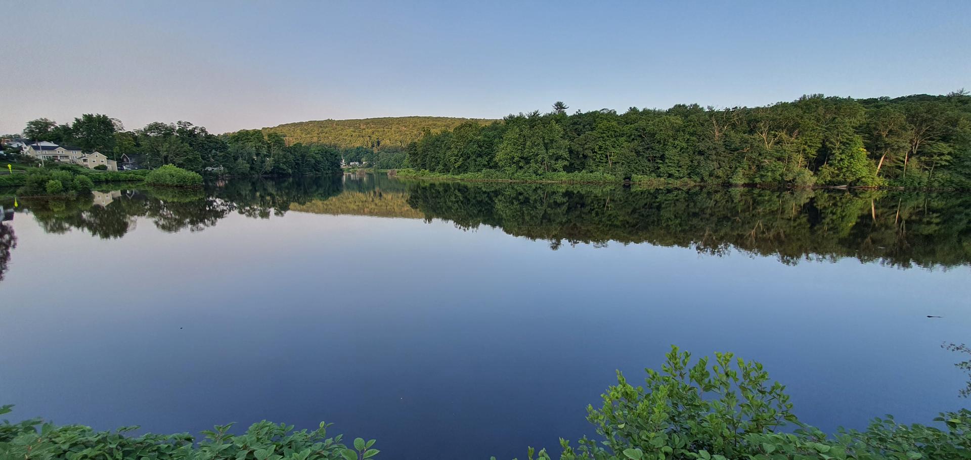 Serene lake reflecting green trees and a clear sky during golden hour.
