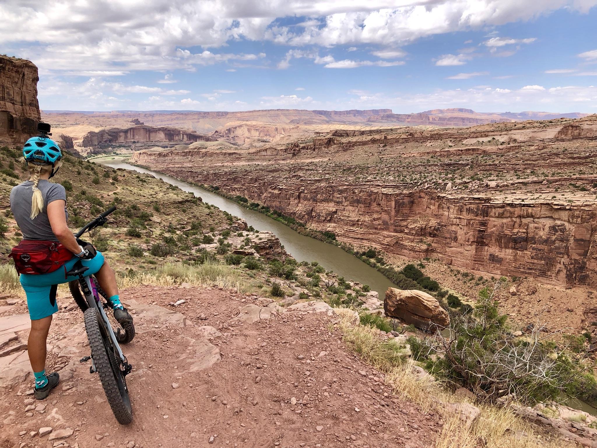 Person on a mountain bike overlooking a river winding through a canyon.