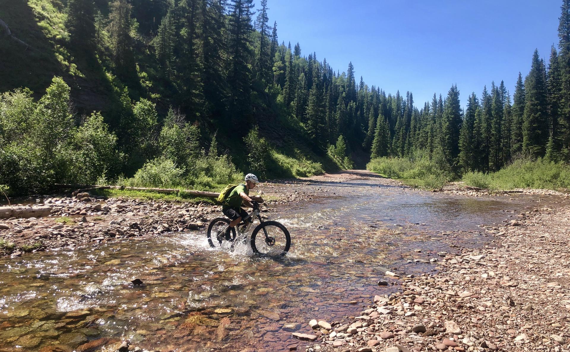 Mountain biker splashes through a rocky river in a sunny, forested canyon.
