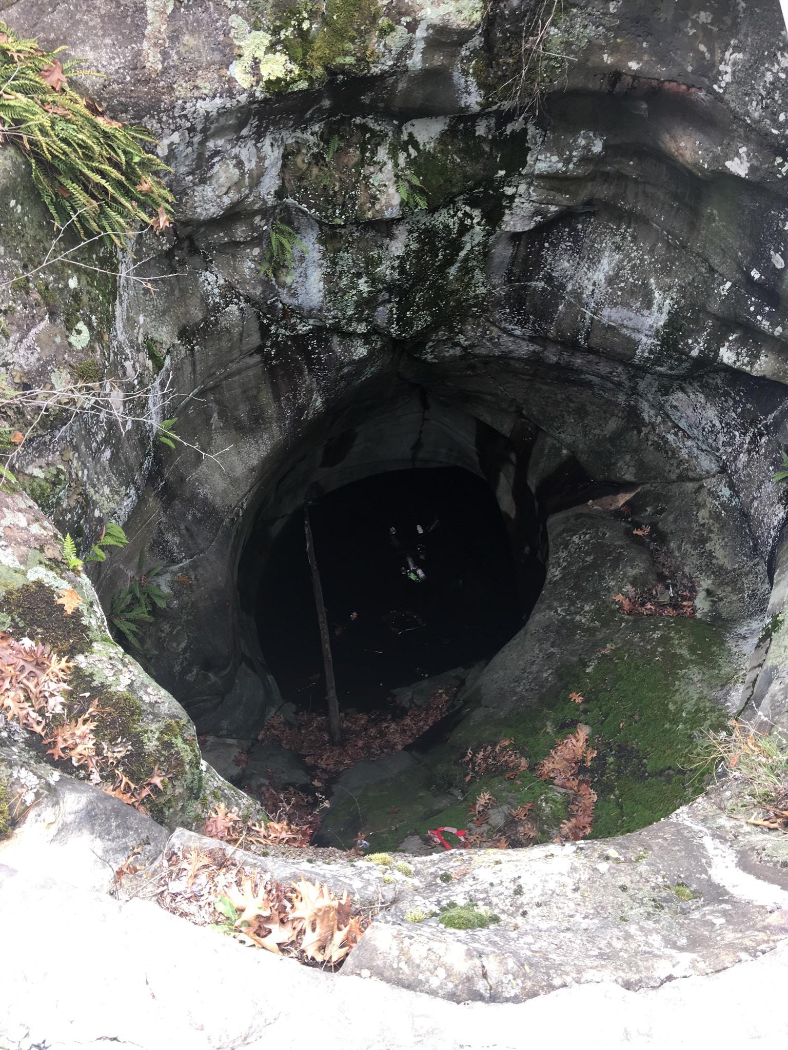 Dark, deep, circular hole in a mossy rock formation with fallen leaves.