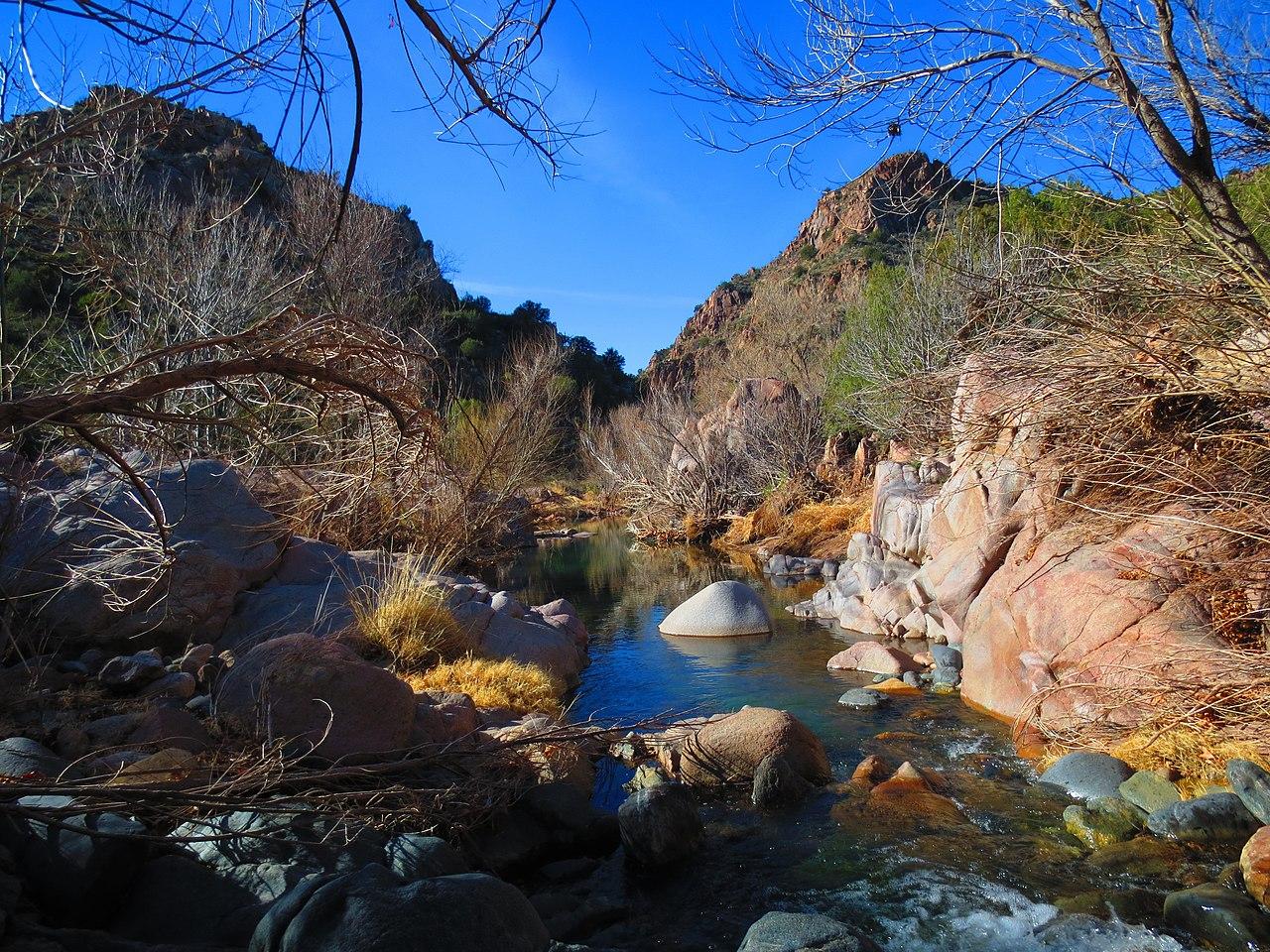 A clear stream flowing through a rocky canyon with bare trees under a bright blue sky.
