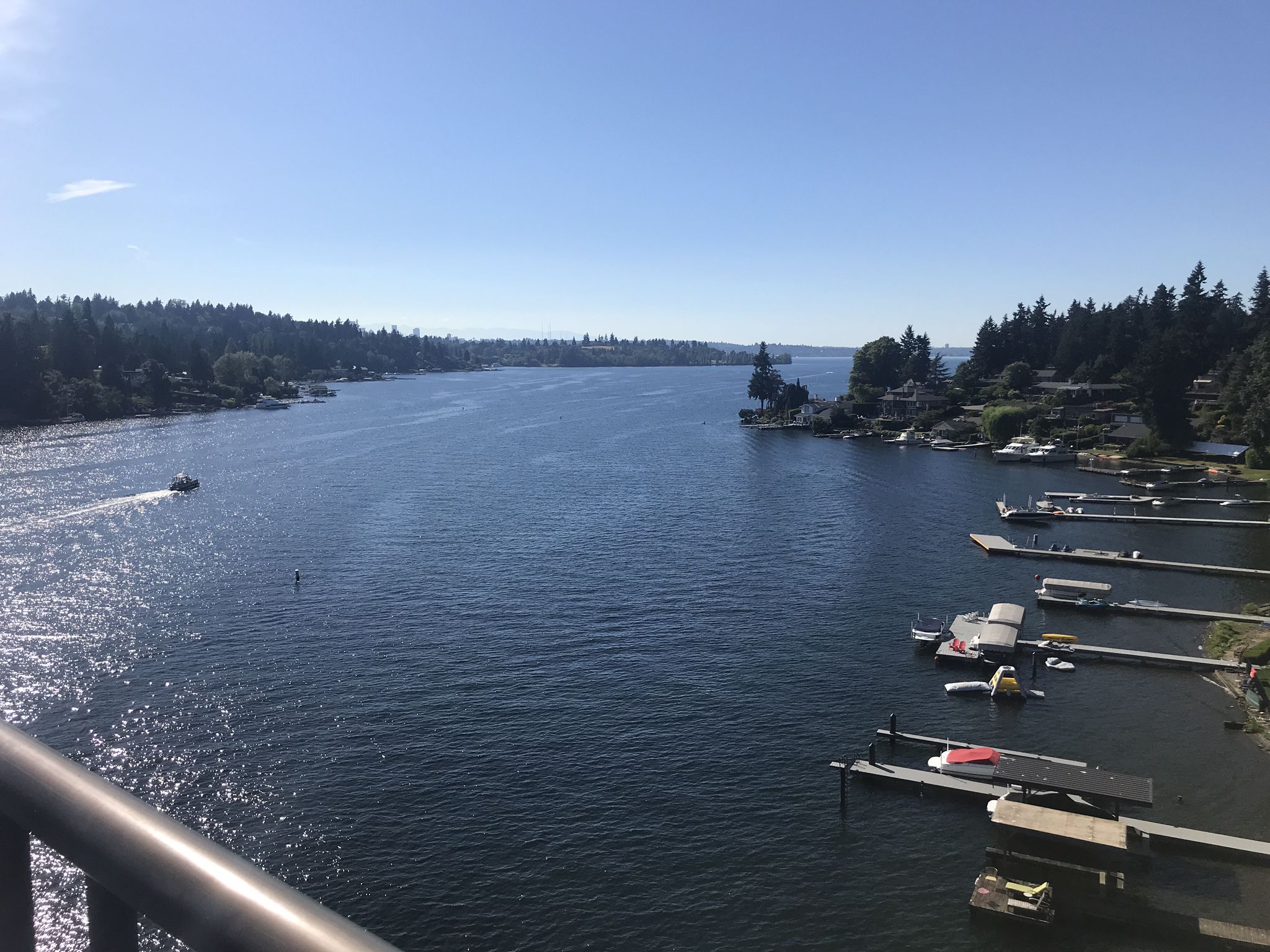 Wide water body with forested shores, docks, and a distant moving boat. - Lake Washington Loop