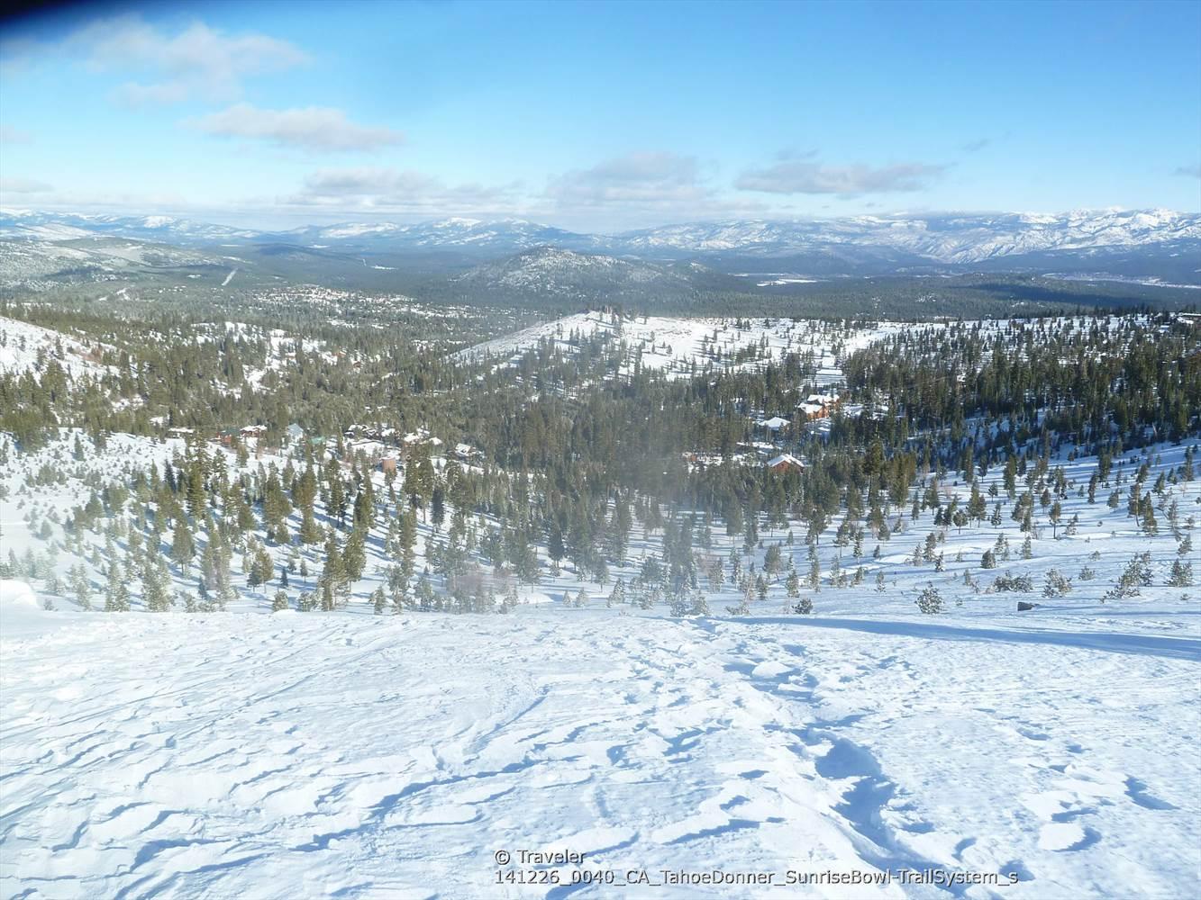 Expansive view of a snow-covered mountain slope with distant pine forests under blue sky.