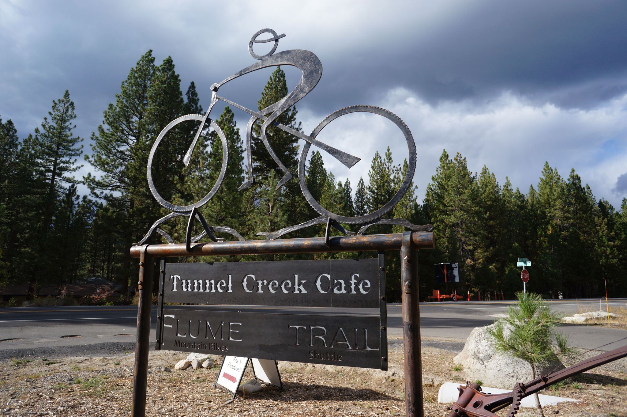 Metal cyclist sculpture on a sign, with pine trees and cloudy sky. - Lakeshore Blvd Bike Path