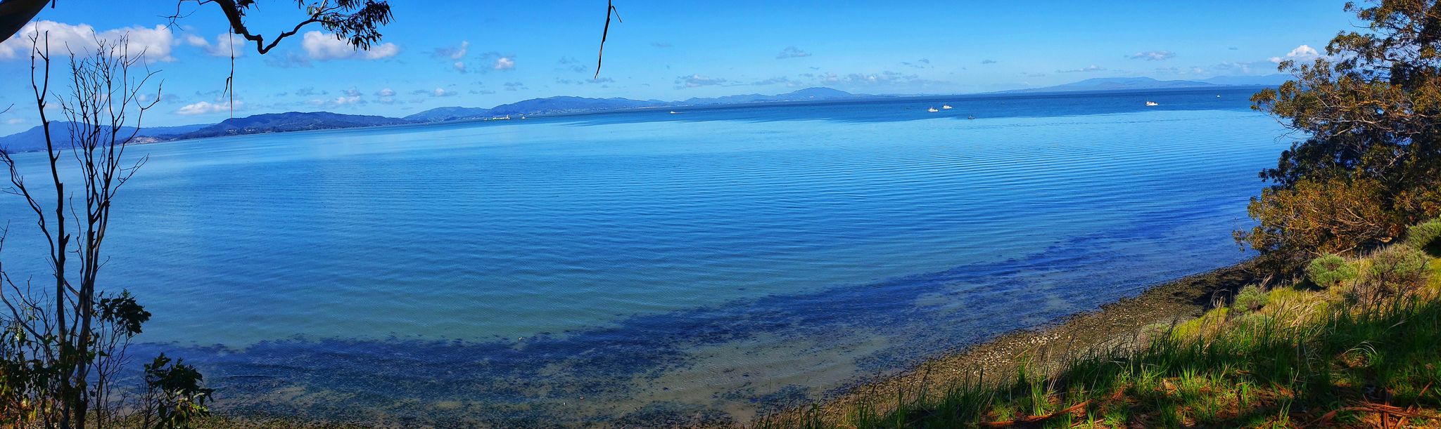 Panoramic view of a calm blue bay with distant hills and boats. - Bay View Trail