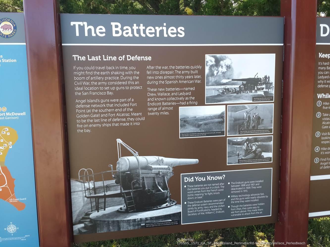 Brown informational sign titled "The Batteries" with text and historical photos.