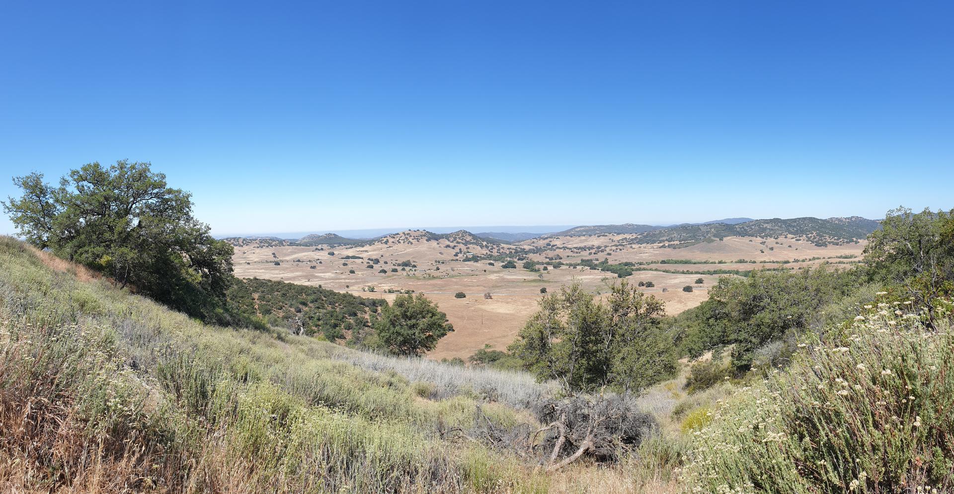 Expansive view of dry, rolling hills and valleys under a clear blue sky.