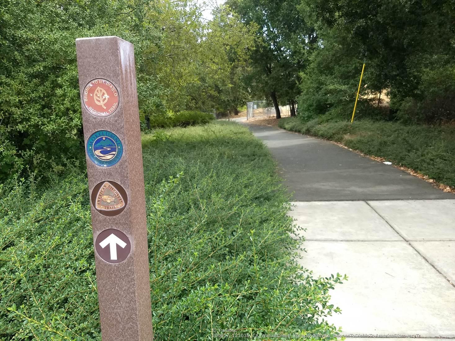 Trail marker with symbols and arrow next to a paved path and bushes.