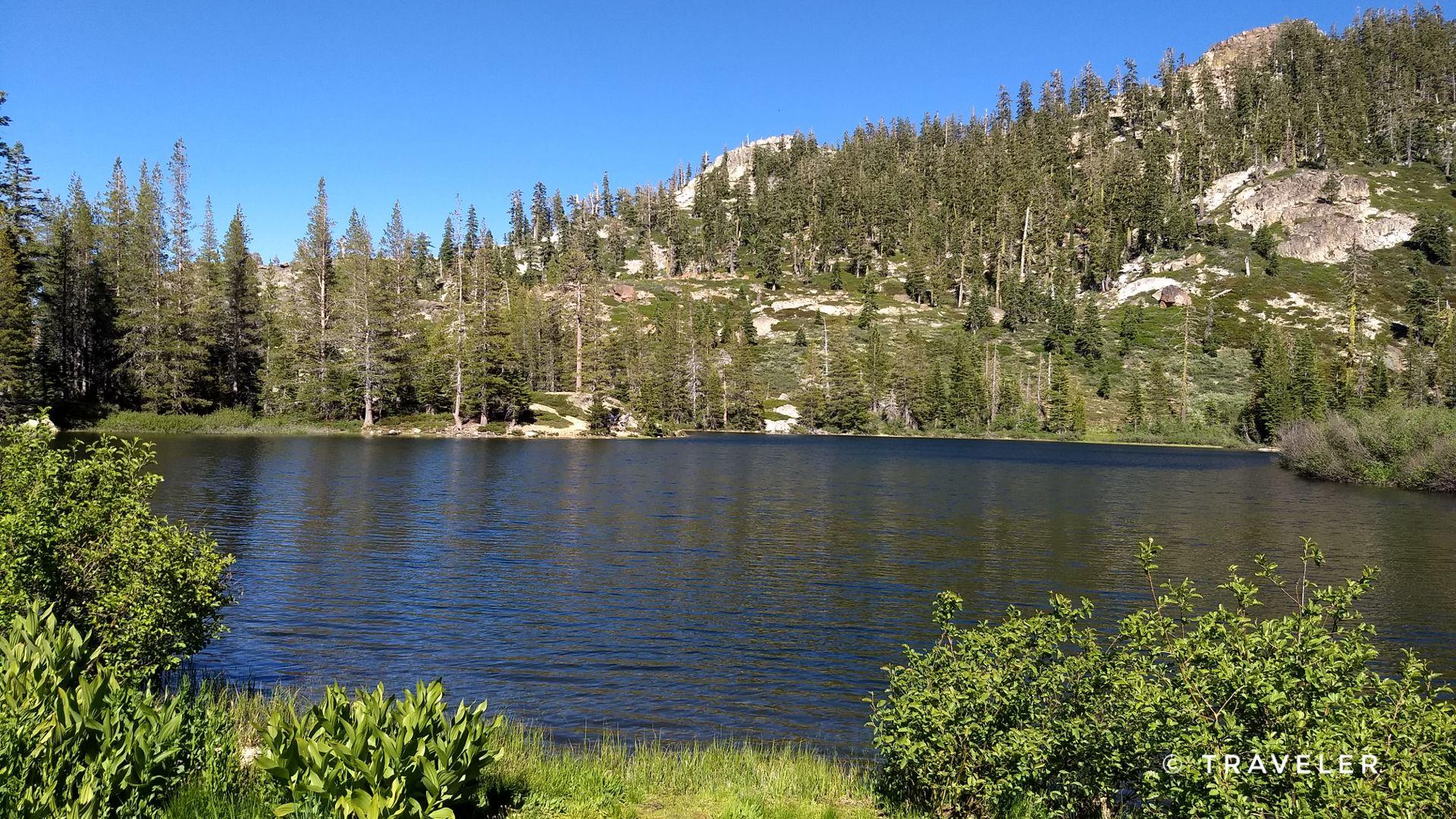 Calm lake surrounded by dense pine forest and rocky hills.