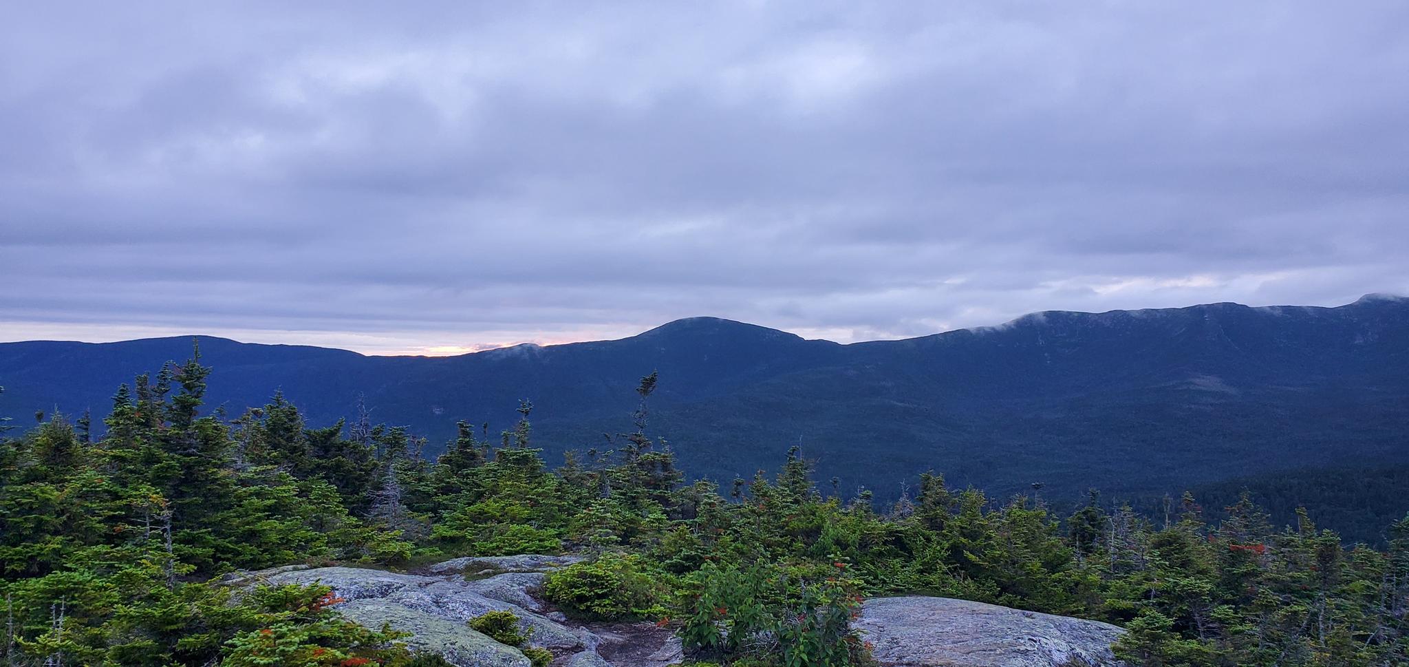 Overcast mountain range with evergreen trees and rocky foreground under a cloudy sky.