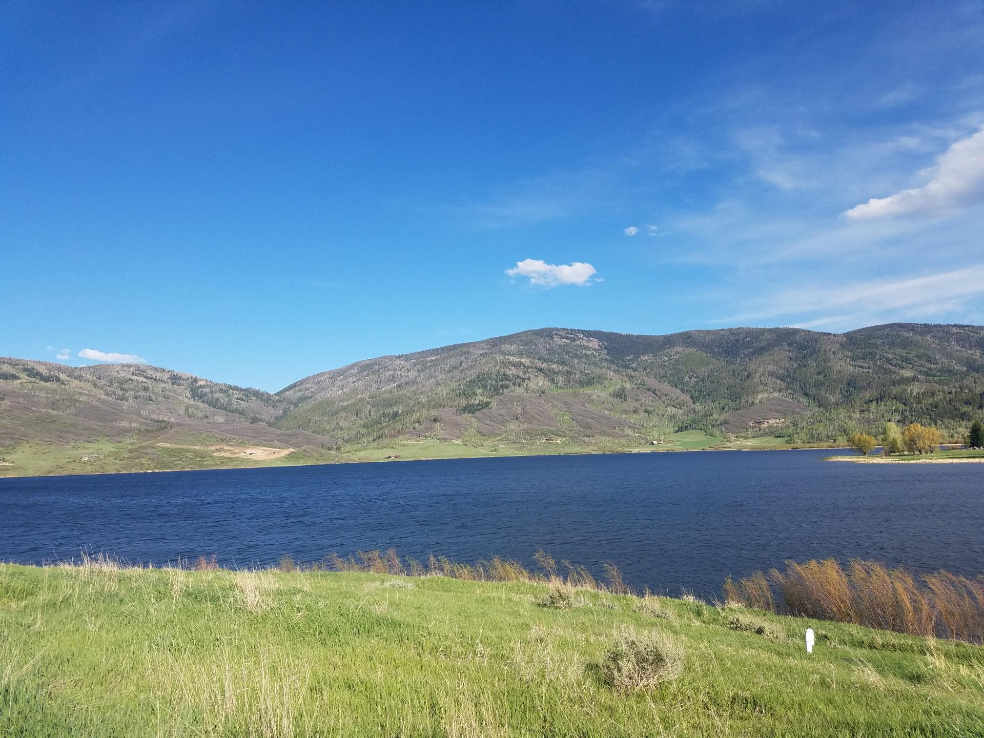 A wide blue lake with distant green mountains under a bright sky.
