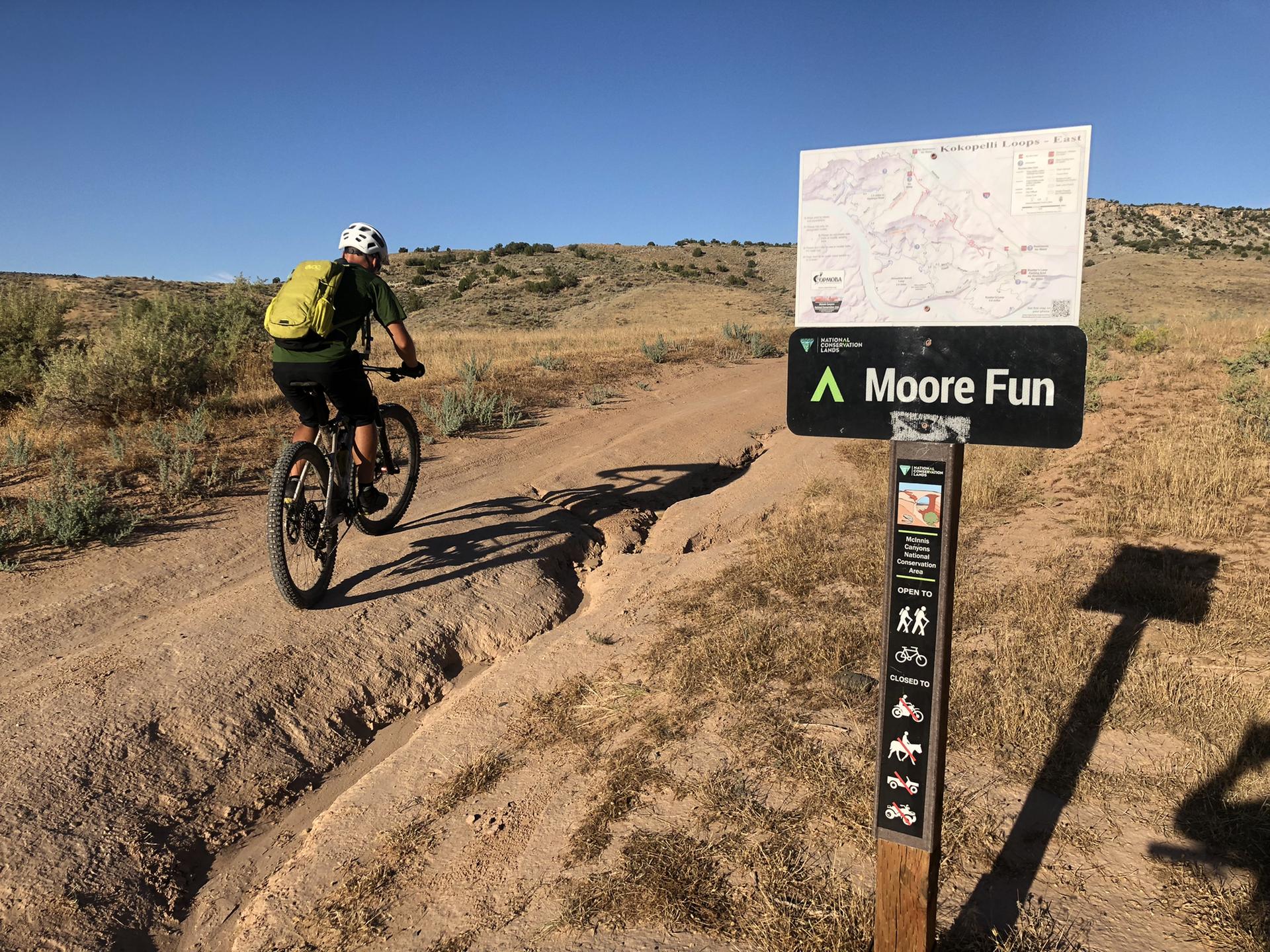 Mountain biker rides on a dirt trail past a trail map sign on a sunny day.