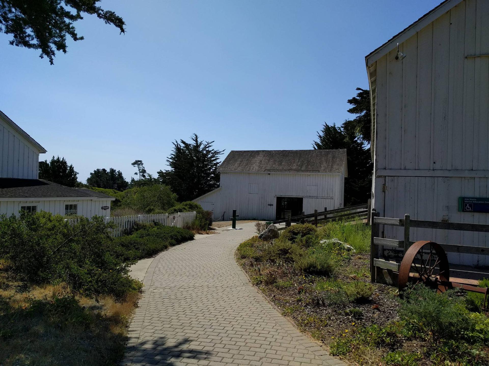 A paved path leading between two white barn-like buildings on a sunny day.
