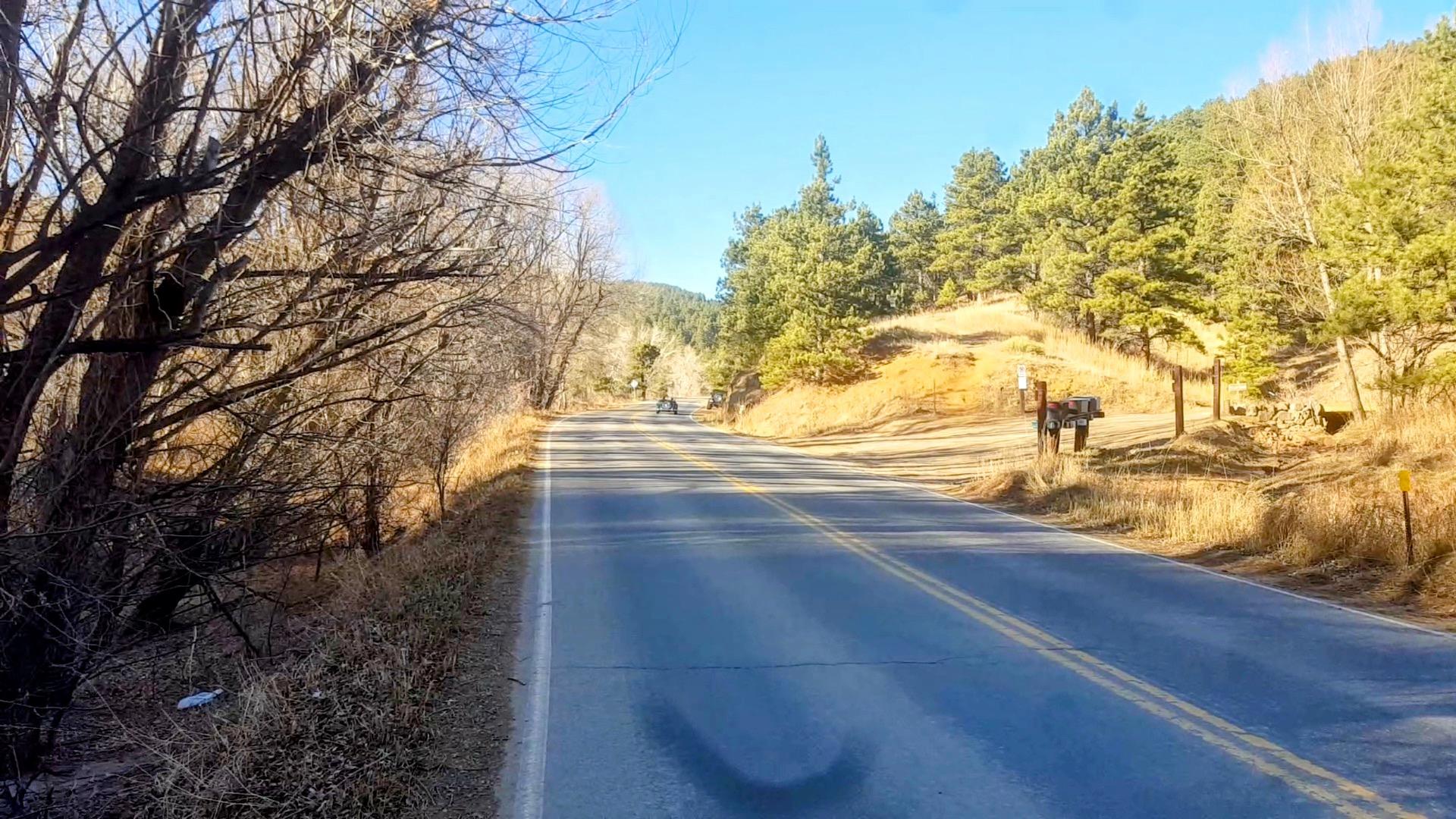 An empty paved road winds through dry trees and sunny hillsides.