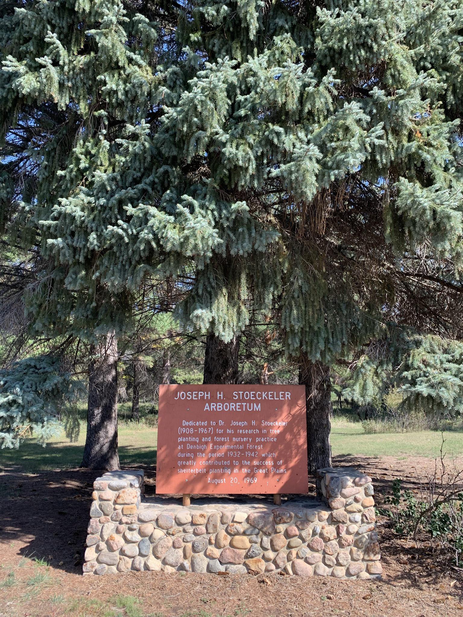 A reddish sign on a stone base under large evergreen trees in bright daylight.