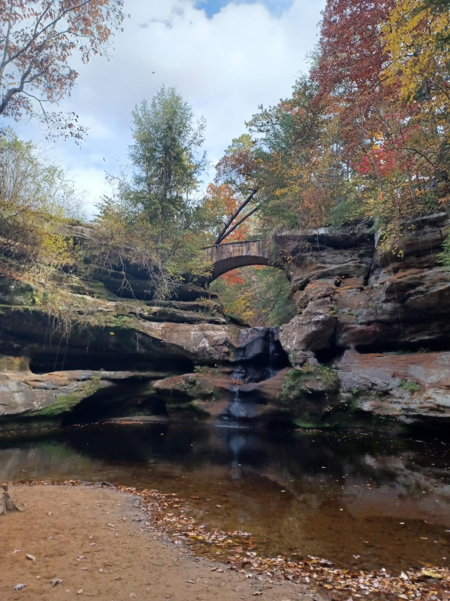 Waterfall into a dark pool, stone bridge, and colorful autumn trees under cloudy sky.