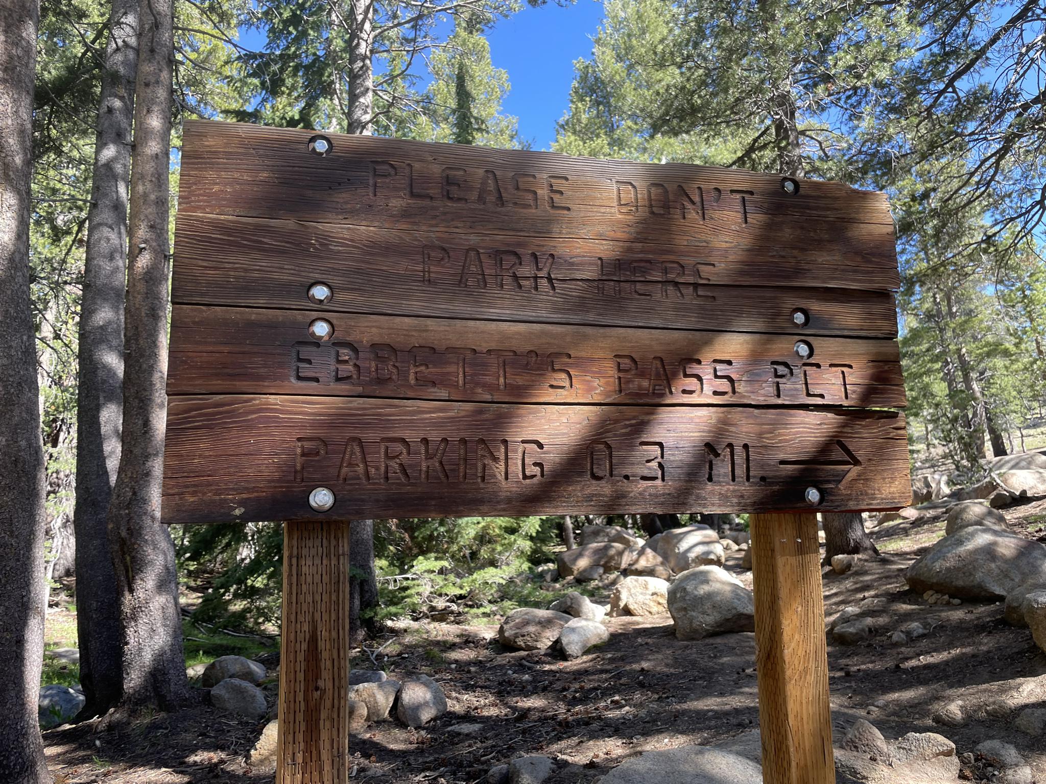 A rustic wooden sign in a forest, indicating parking information.