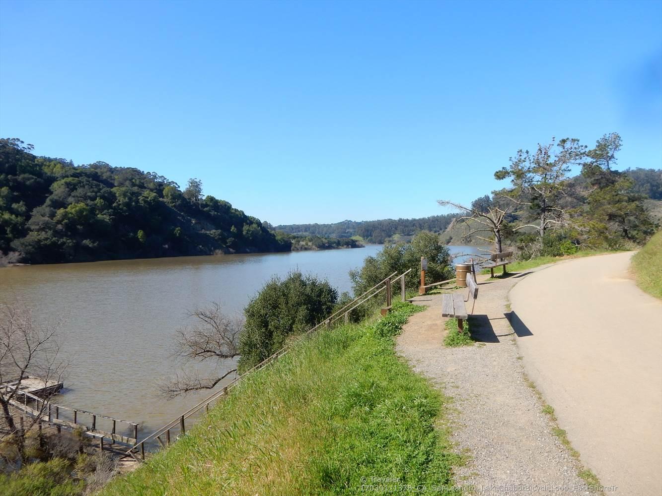 Sunny path alongside a lake, with benches and green hills.
