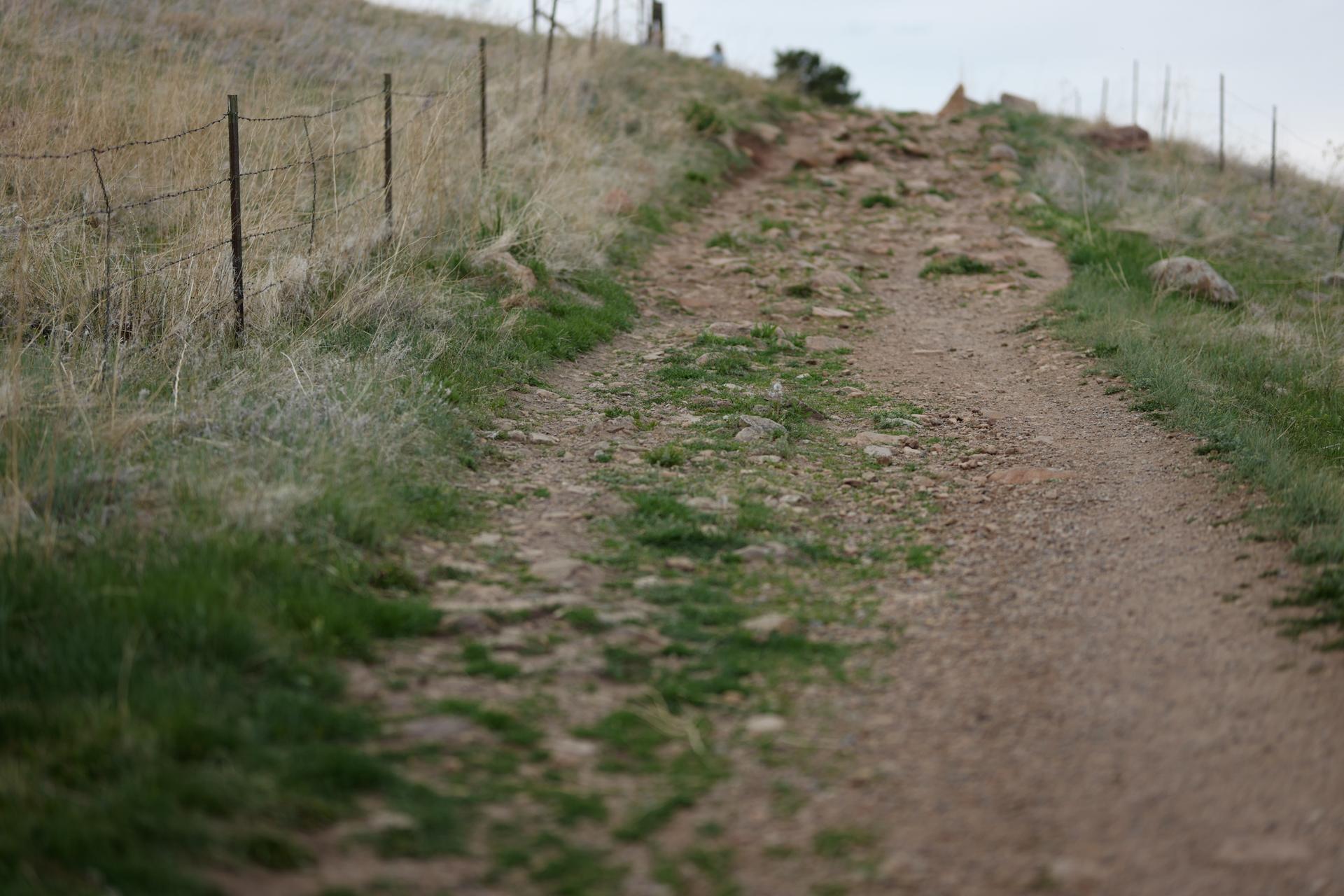 Rocky dirt path uphill next to a wire fence and dry grass.