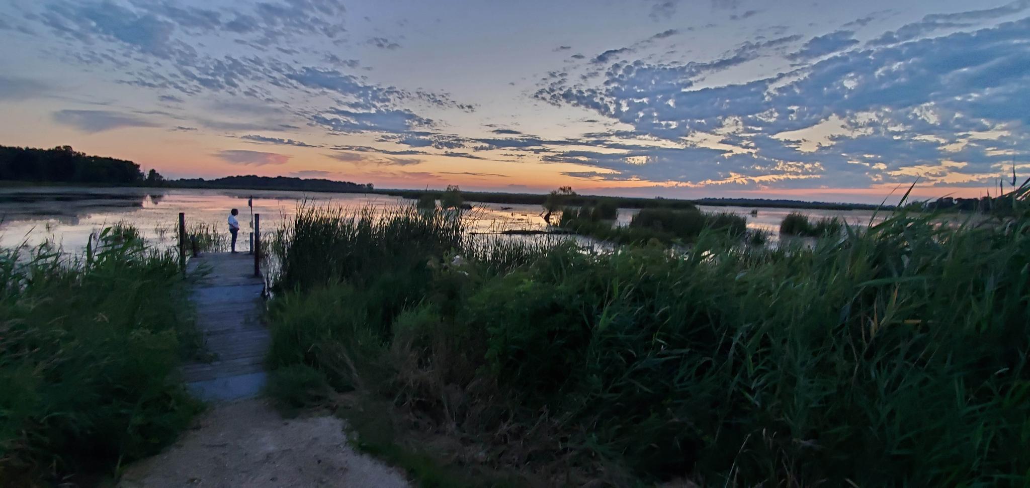 Two people on a dock at sunset over a marshy lake.