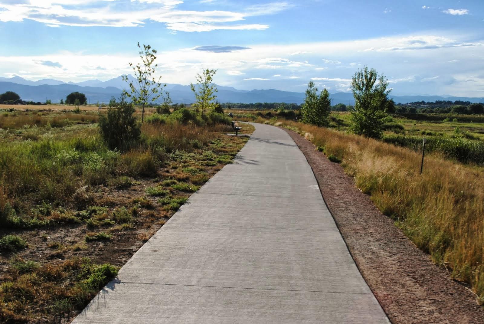 Paved path through grassy fields with distant mountains under a bright sky.