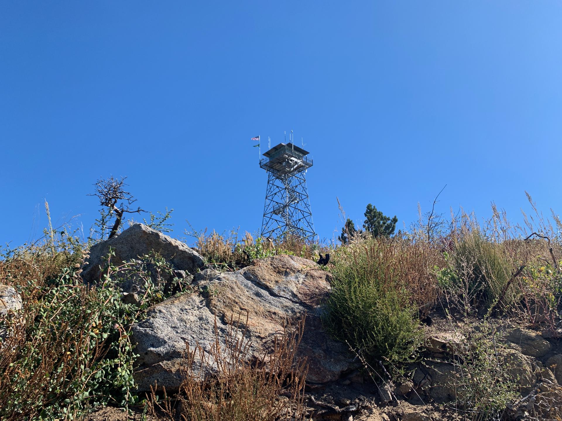 Tall metal fire lookout tower on a rocky, grassy hill under a clear blue sky.