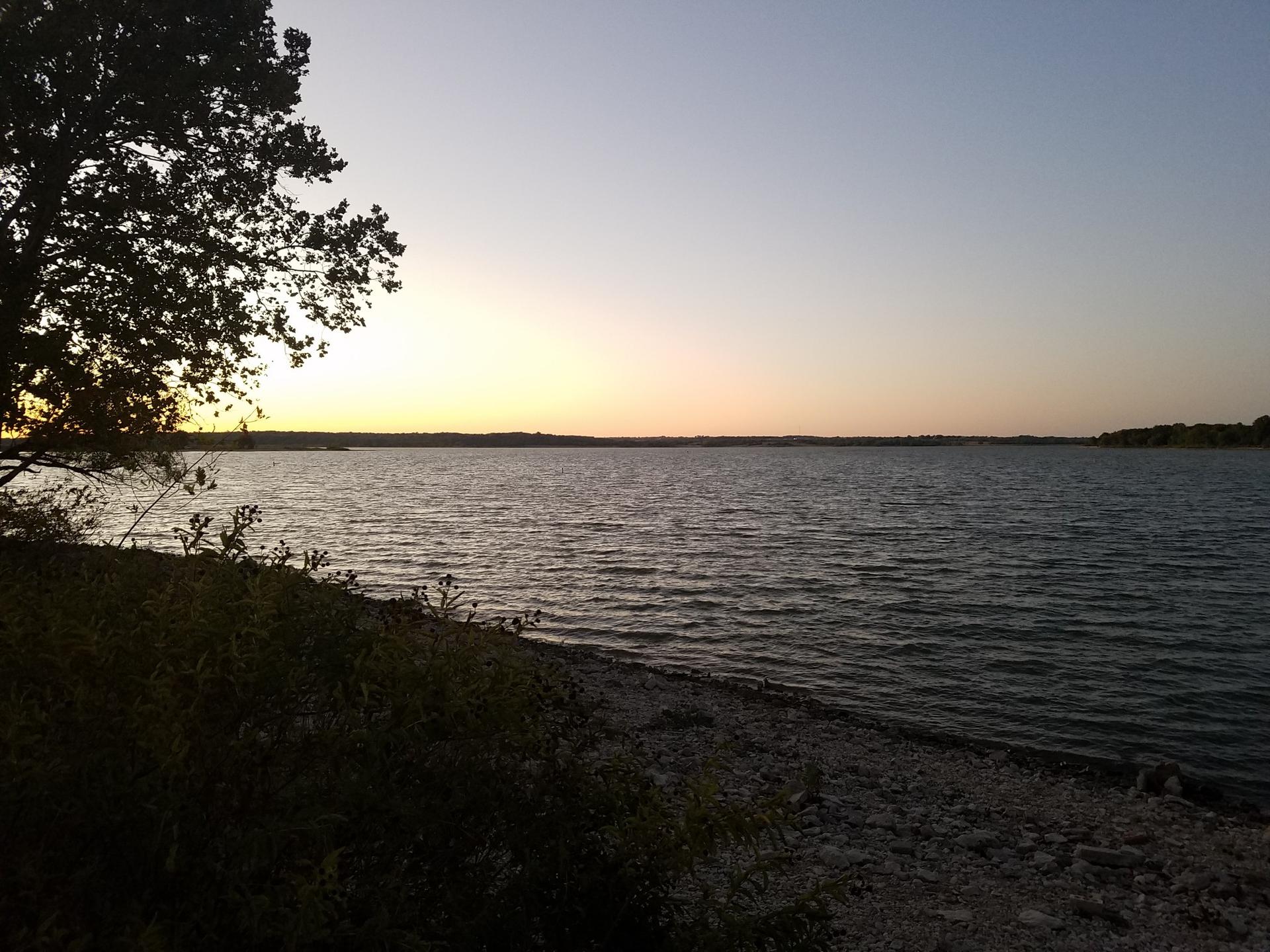 Sunset over a calm lake with a silhouetted tree on the left.
