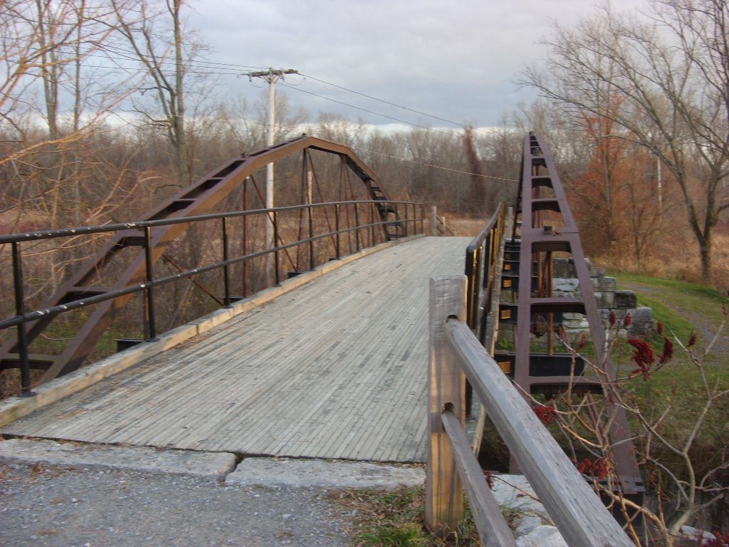 Rustic metal bridge with wooden deck under an overcast sky, surrounded by bare trees. - Bird Watching Loop