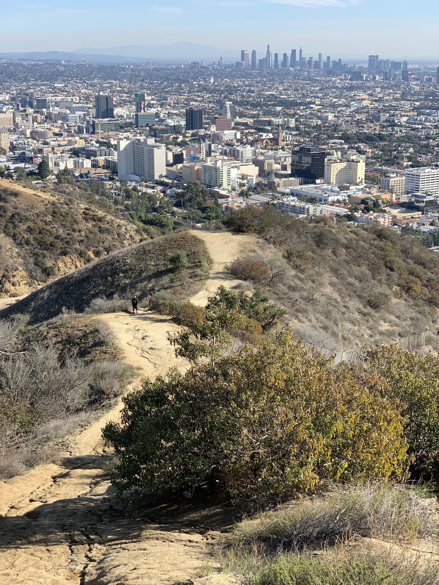 A person walks on a dirt trail overlooking a vast city on a clear day.