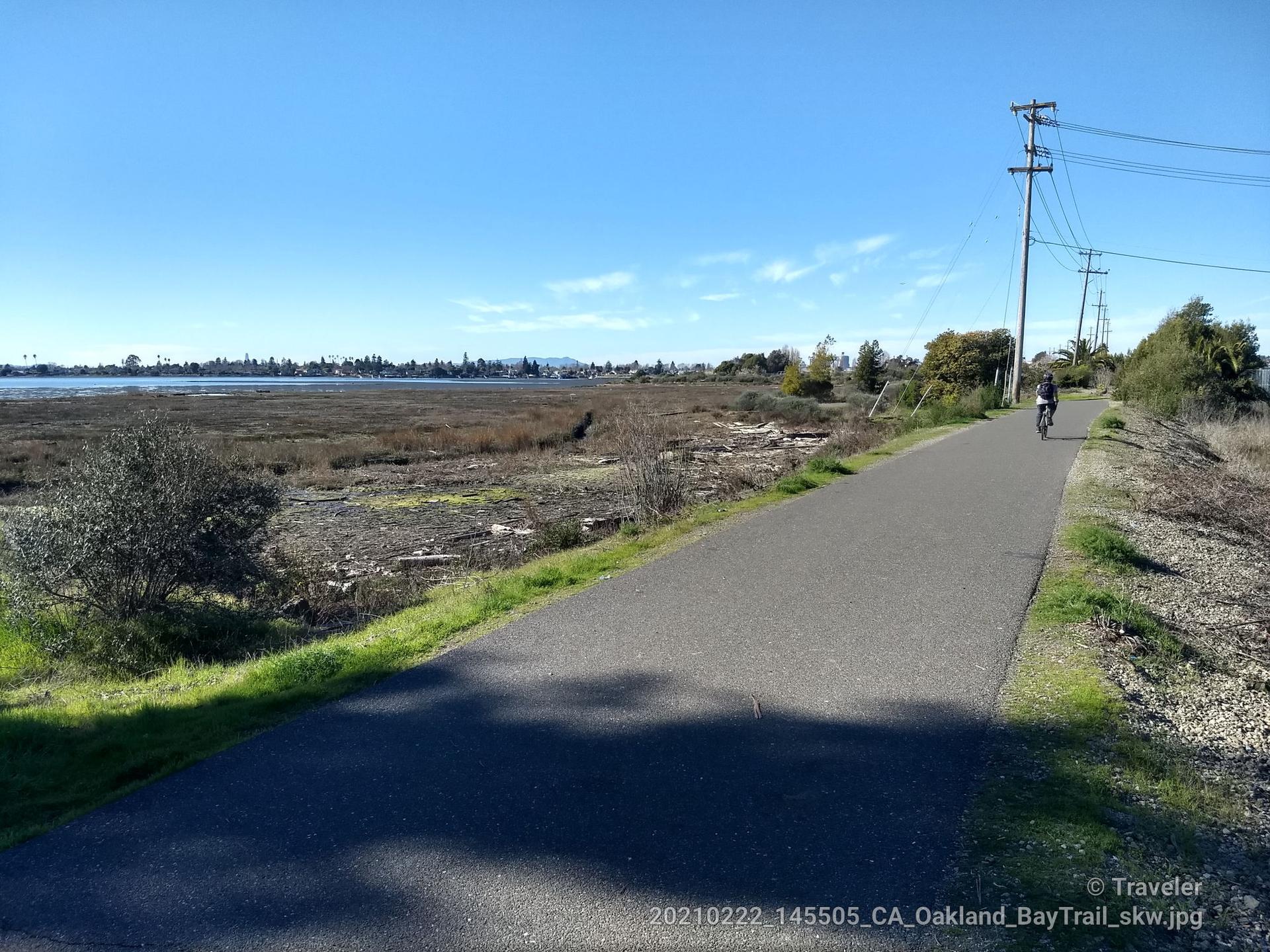 A paved path next to marshland and water, with a distant cyclist.