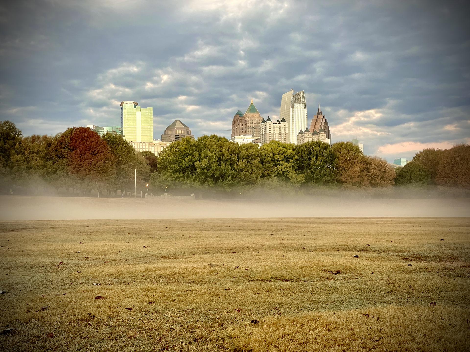 Foggy field with a distant city skyline under a cloudy sky.