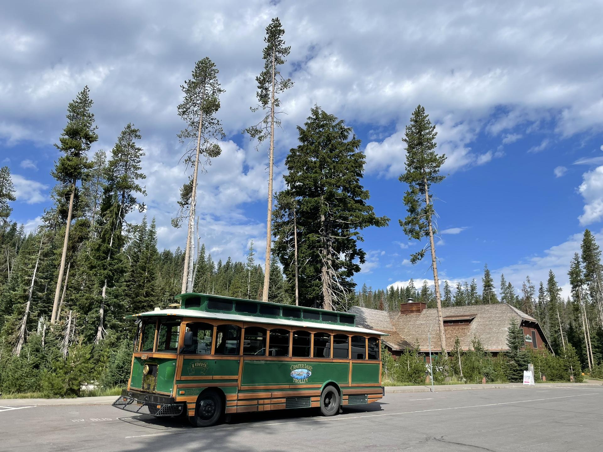 Green trolley bus parked near a rustic building and tall pine trees.